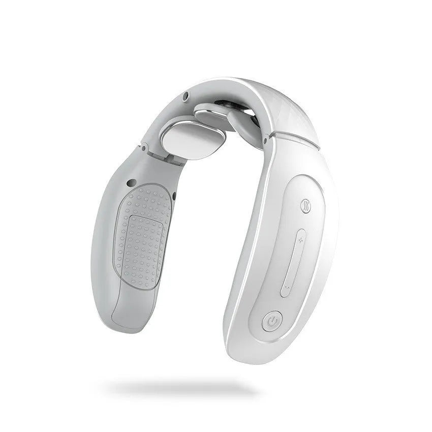 Red and white intelligent handheld cervical massager with control panel on a grey background.