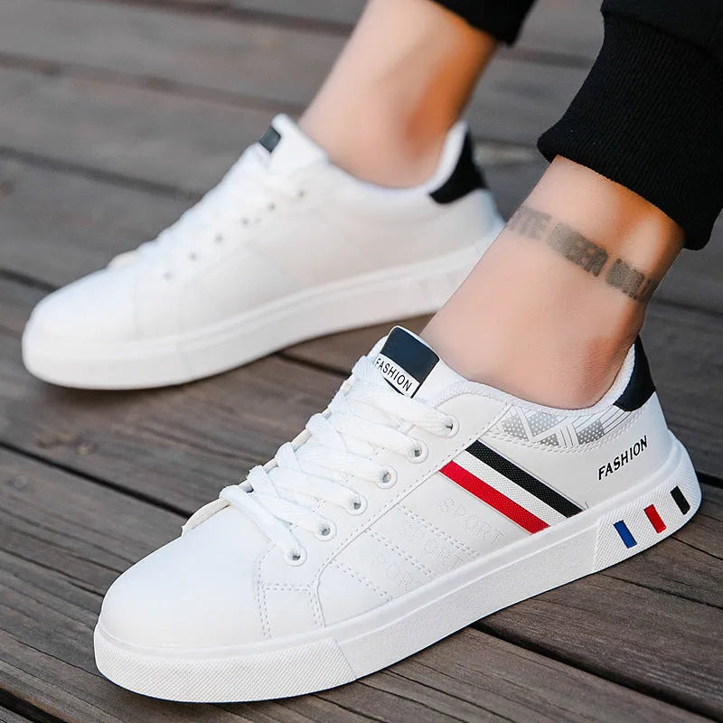 Men's sports shoes in black, also available in grey and white, showing EU size labels.