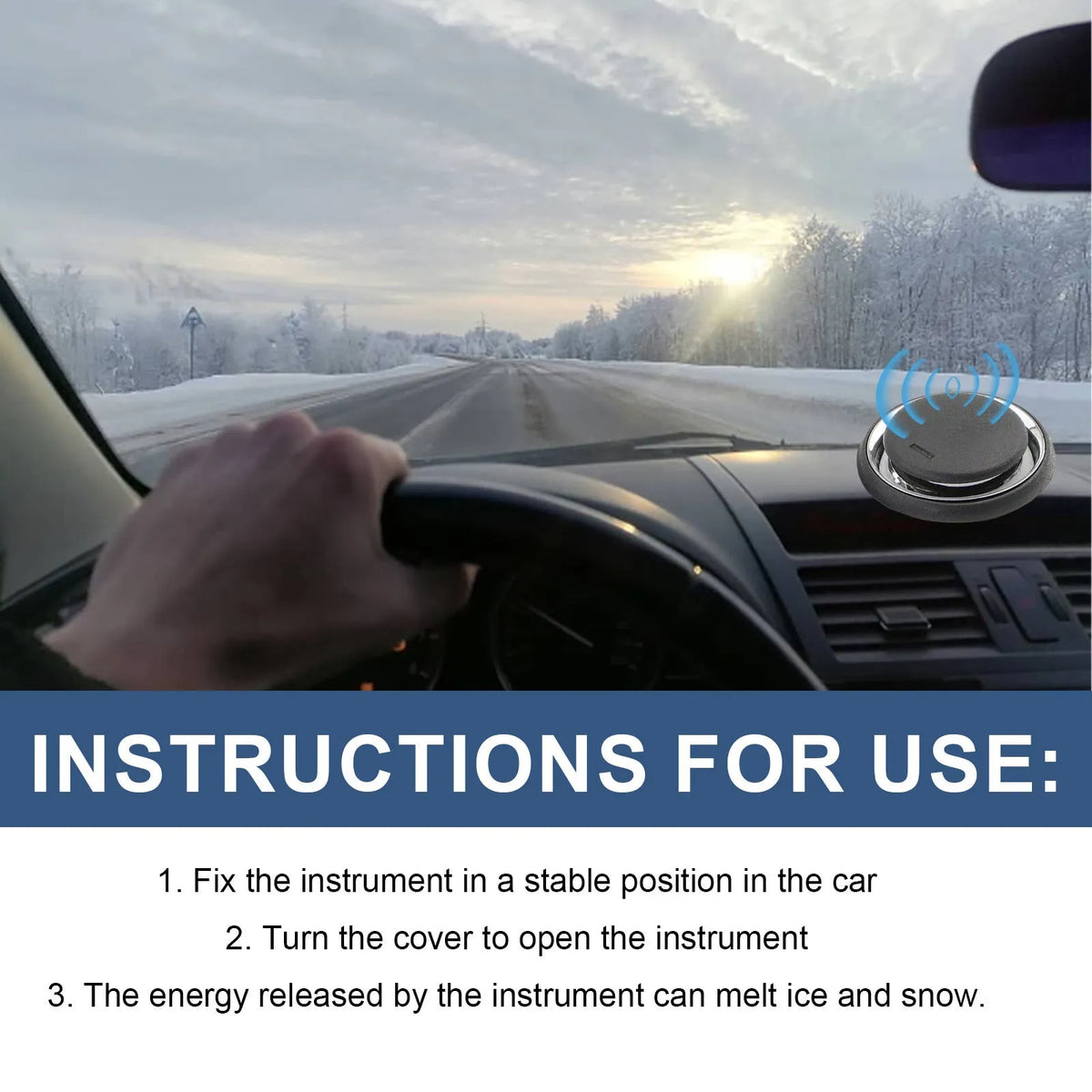 Black portable car deicing instrument for melting snow and ice on windscreens, measuring 7.4cm square