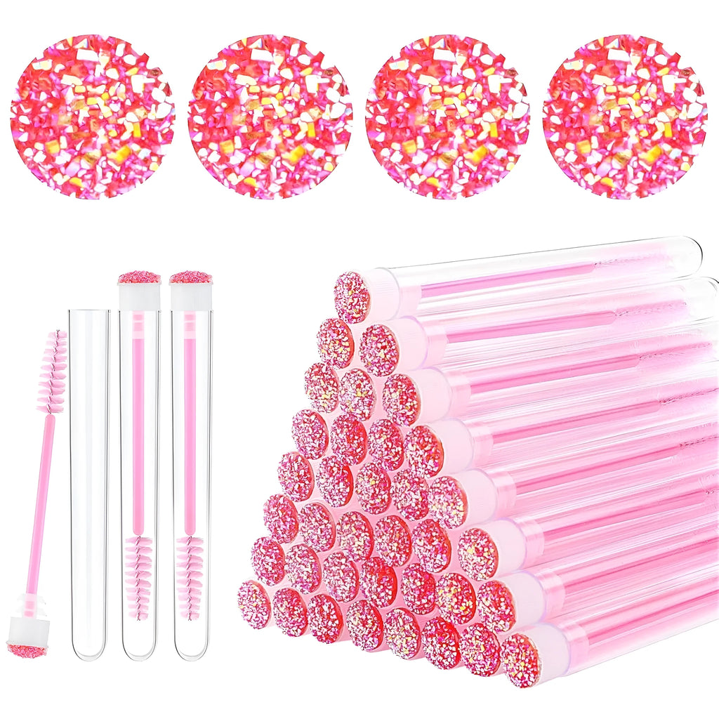 Set of coloured disposable eyelash brushes stored in clear plastic tubes for mascara and lash care