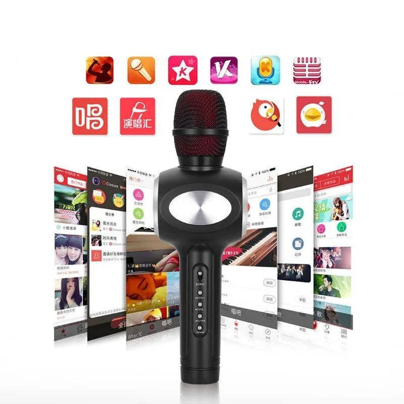 Yaerjia E108 black, gold, and pink mobile karaoke microphone with built-in speakers