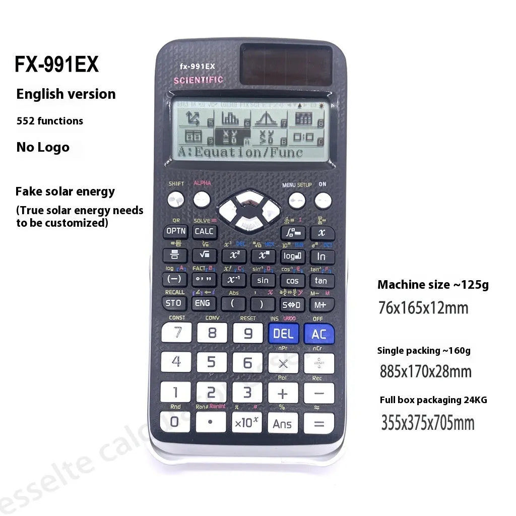 991EX scientific calculator with solar panel in black, blue, or pink colour options
