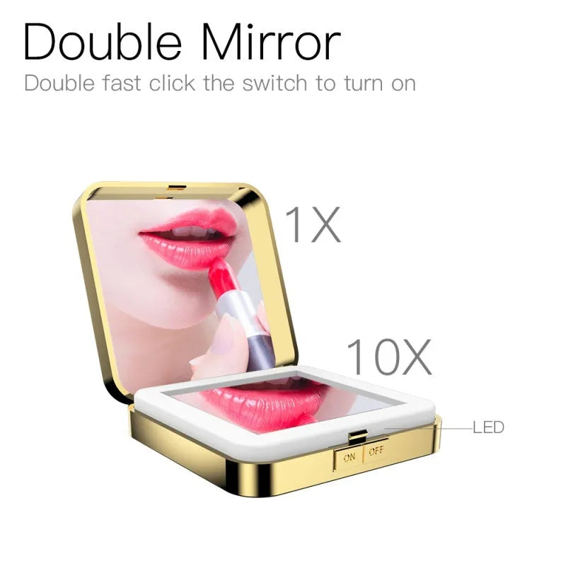 Black and white makeup mirror with 4x magnification and HD mirrors, featuring adjustable warm and cold lighting