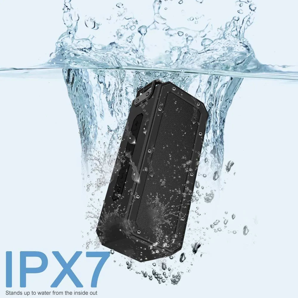 Black outdoor Bluetooth speaker with waterproof rating and carrying rope
