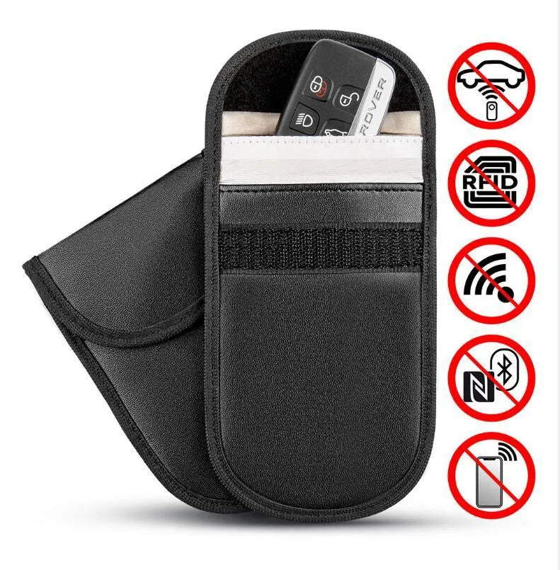 Black microfiber Faraday cage bag for car key signal blocking measuring 13.5 by 9.5 centimetres