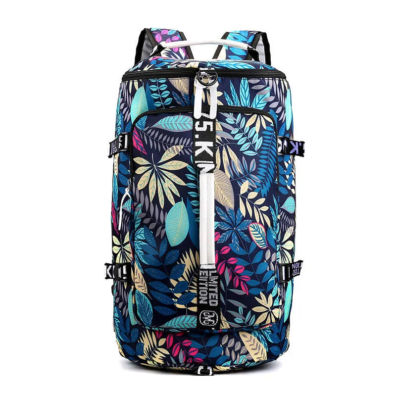 Black convertible nylon gym bag showing backpack, shoulder bag, and handbag modes with separate shoe compartment.