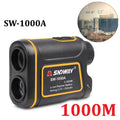 Handheld golf rangefinder showing compact design and measurement display