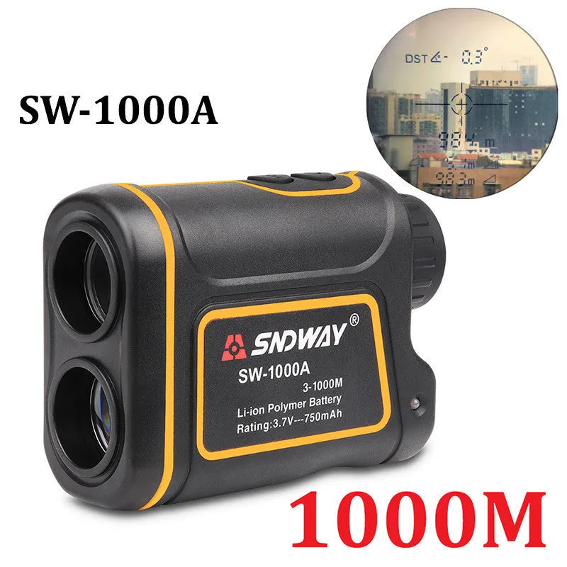 Handheld golf rangefinder showing compact design and measurement display