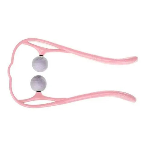 Blue plastic hand roller neck massager with adjustable stand on a white background.