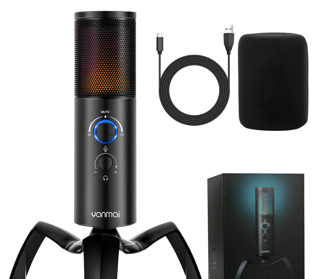 Black Q18 USB condenser microphone with RGB lighting on adjustable tripod mount