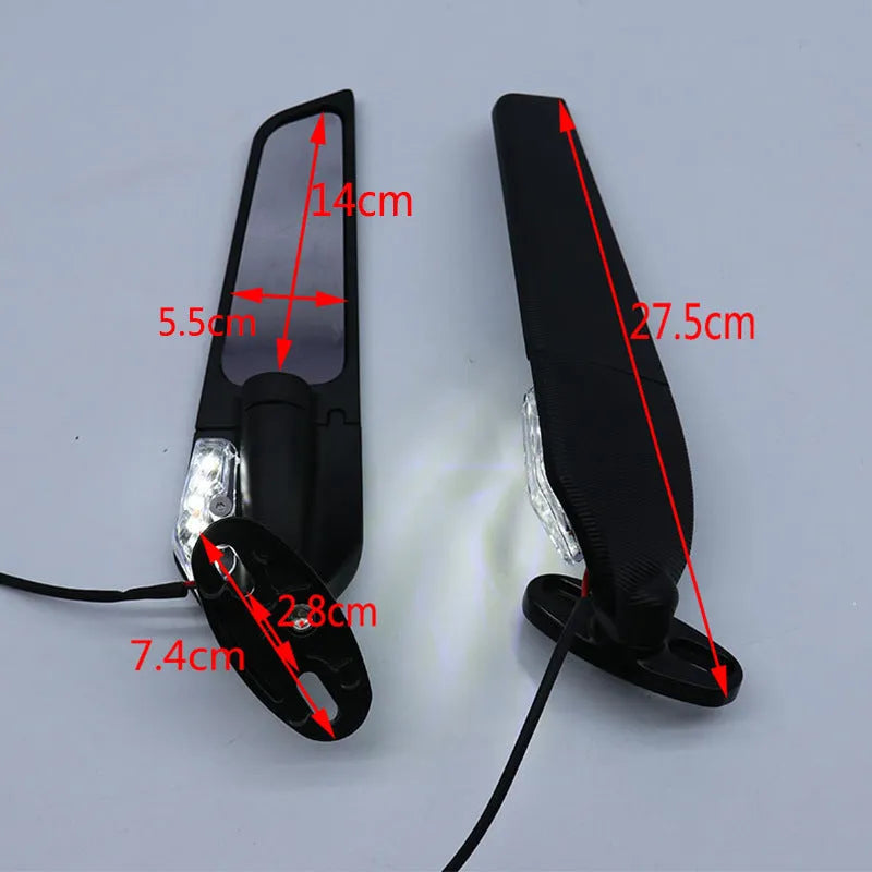 Pair of yellow motorcycle rearview mirrors with convex glass lenses and integrated LED running lights.