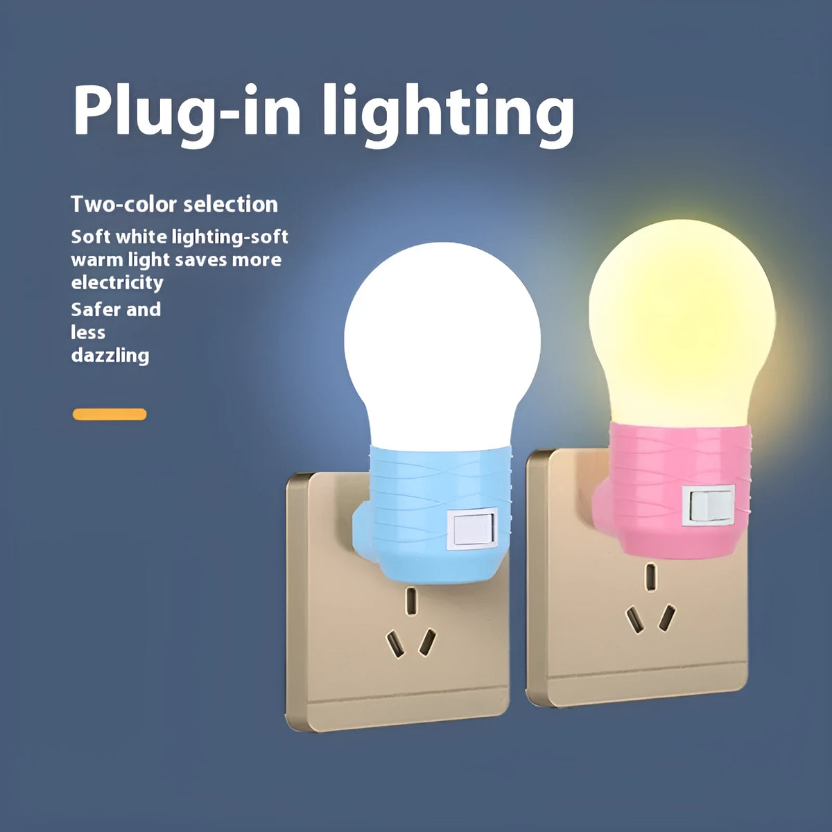 Plug-in bedside baby night lamp in white, blue, or pink shell with round modern design.