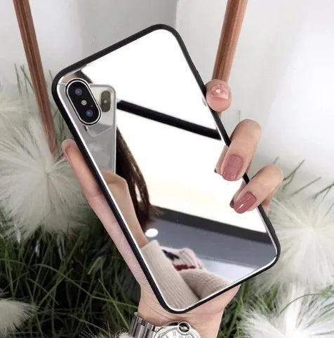 Black iPhone mirror phone case with integrated make-up mirror on back, compatible with iPhone 7 Plus, 8 Plus and X models