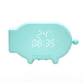 Blue multifunctional LED alarm clock showing time and temperature display with USB charging port