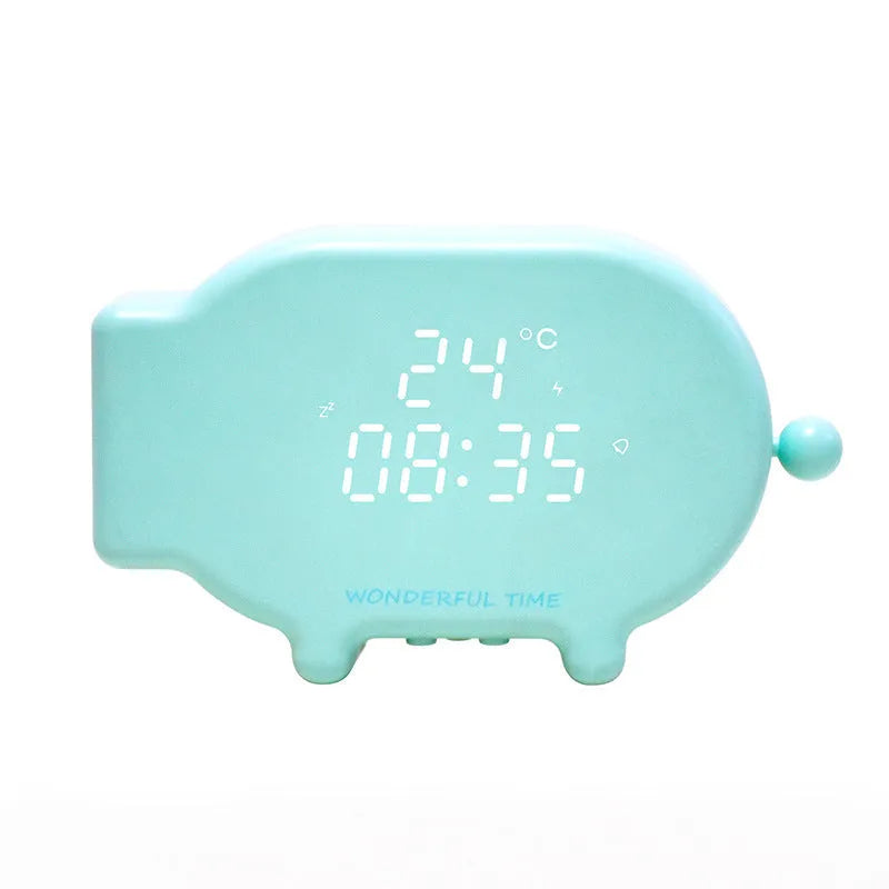 Blue multifunctional LED alarm clock showing time and temperature display with USB charging port