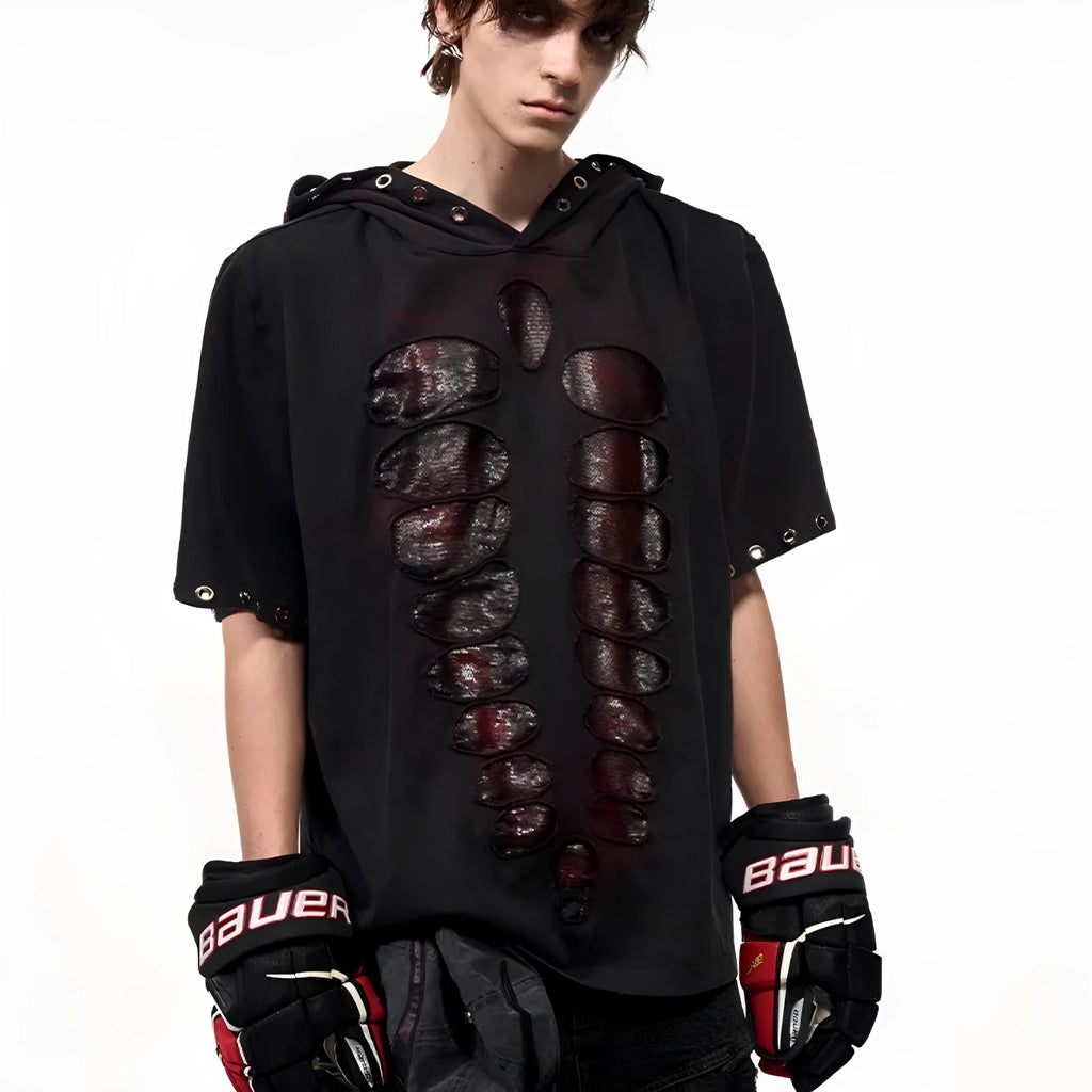 Black men's loose-fitting hooded t-shirt with short sleeves and sequin detailing.
