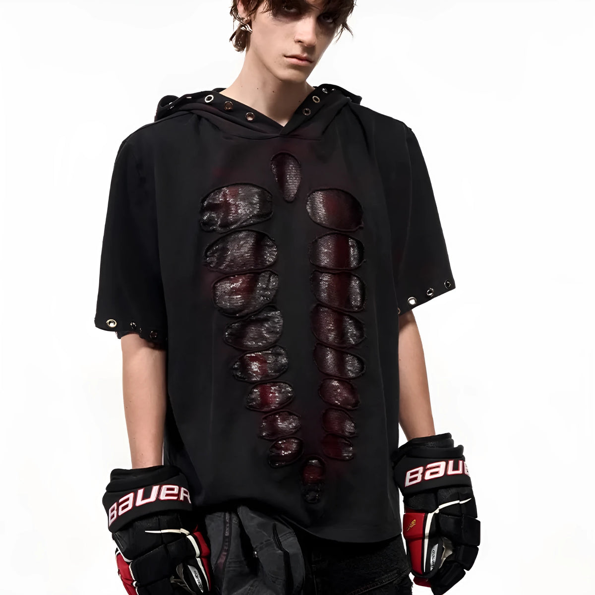 Black men's loose-fitting hooded t-shirt with short sleeves and sequin detailing.