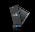 Black multifunctional mobile phone holder with built-in Bluetooth speaker and wireless charging capability