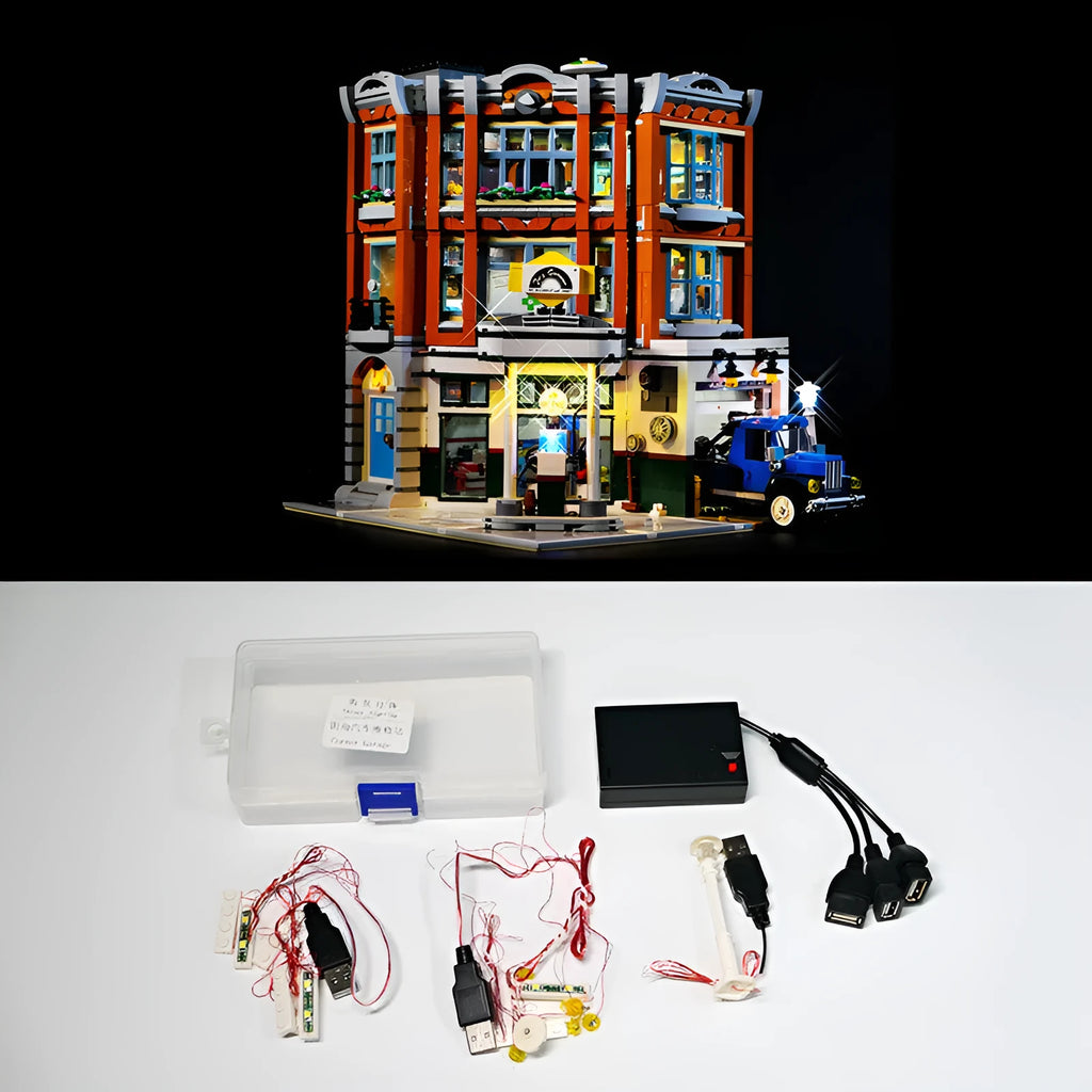 MOC modified LED lighting accessories kit with plastic components for model building corner repair shop scenes