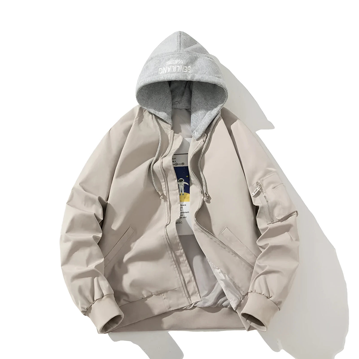 Men's loose-fitting solid-colour pilot jacket for plus-size wear, shown in a casual setting.