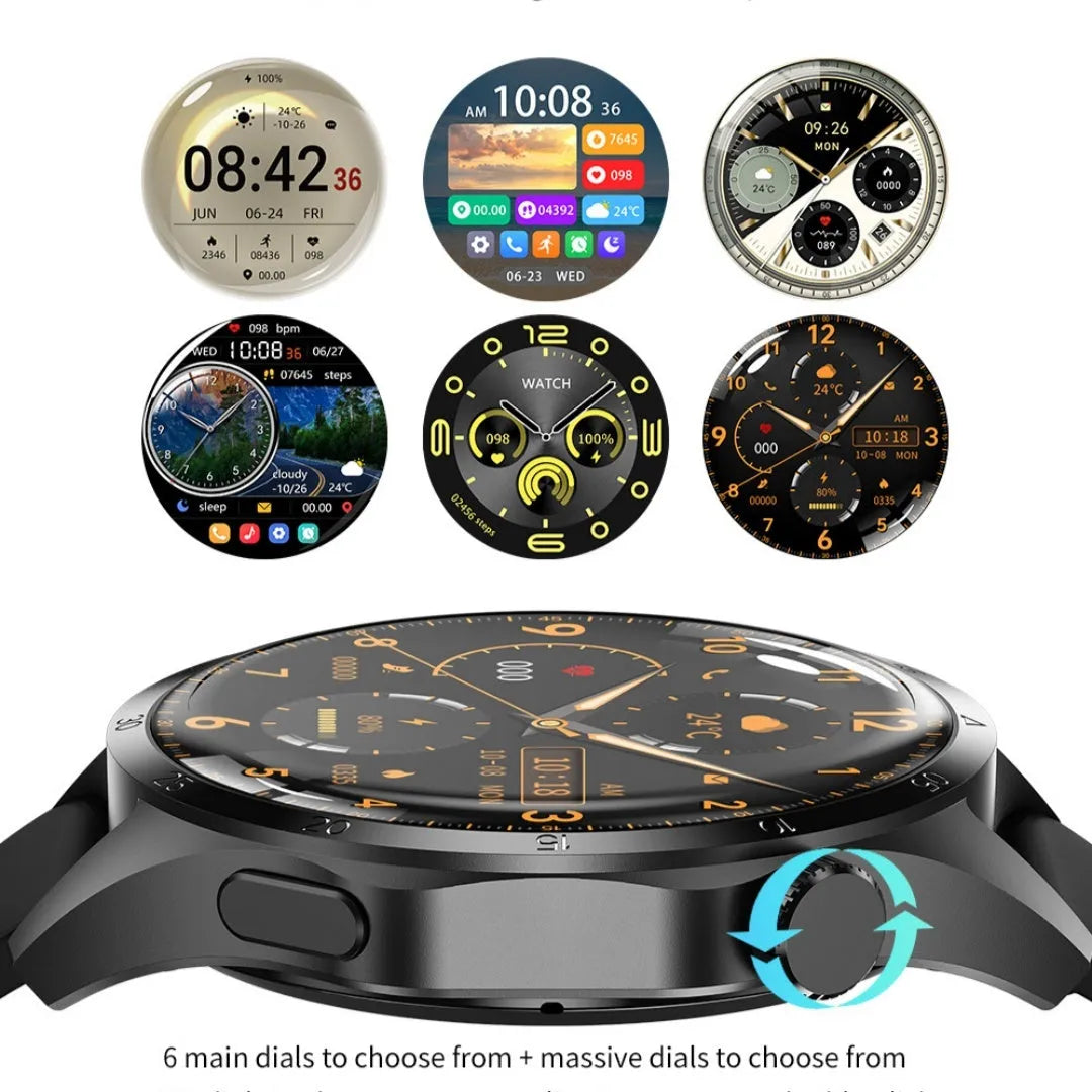 Black Bluetooth smartwatch with a TFT screen showing a heart rate graph, placed next to its charging cable.
