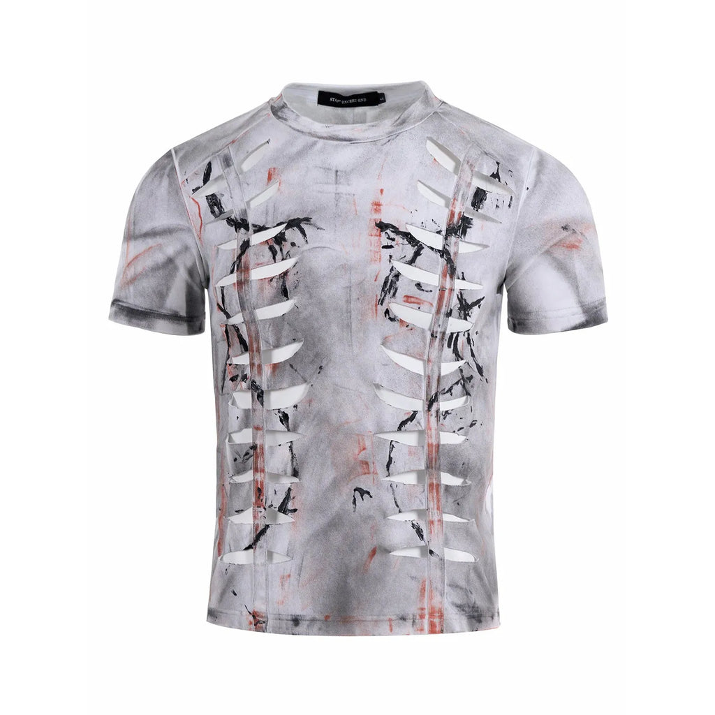 Man modelling a white men's short sleeve cotton t-shirt with a hollow-out cut design on the front.