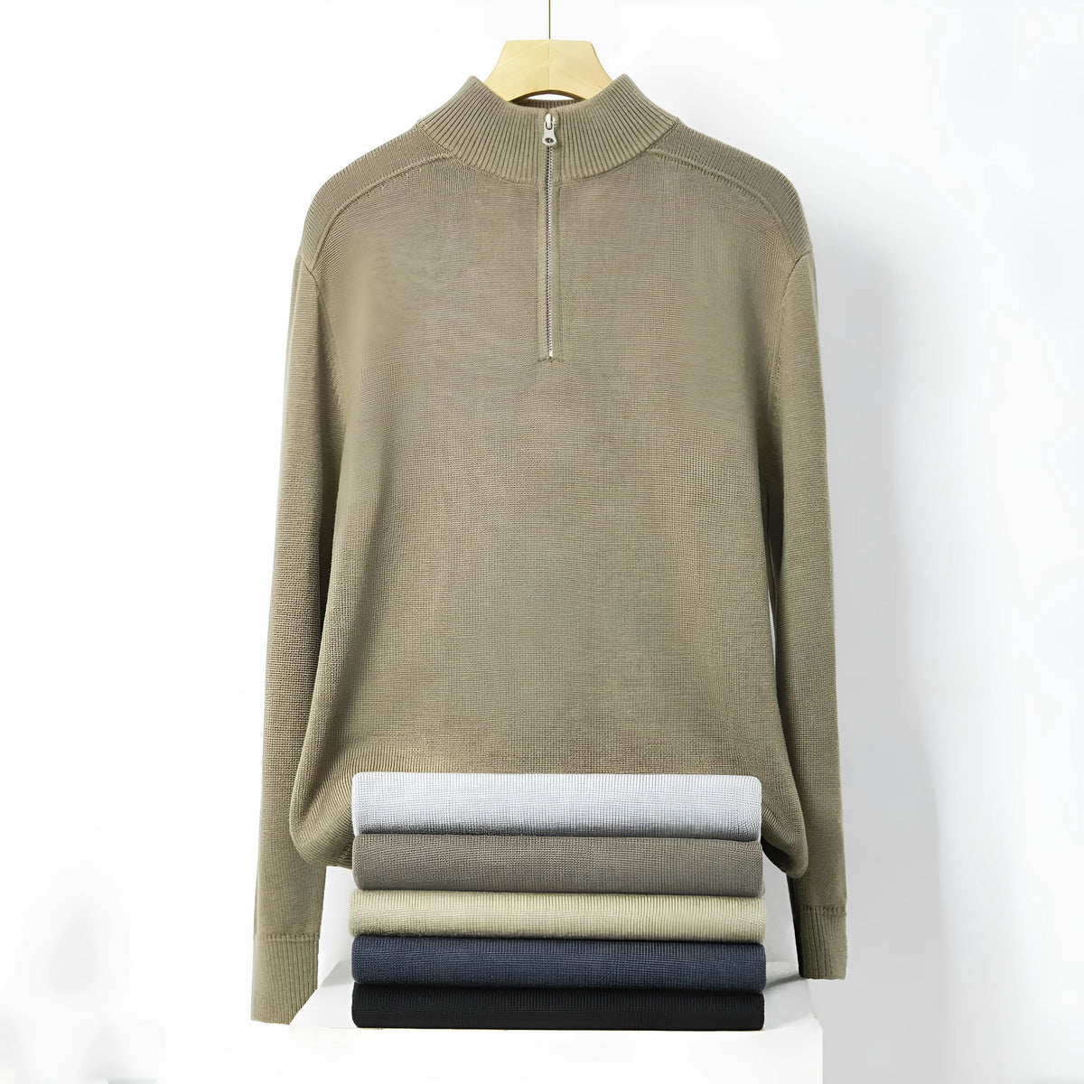 Men's slim fit long sleeve casual sweater in thickened wool fabric, shown in multiple colours.