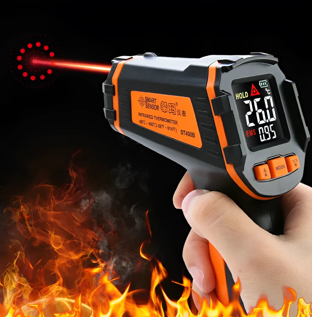 ST390A model handheld infrared thermometer with laser pointer for surface temperature measurement.