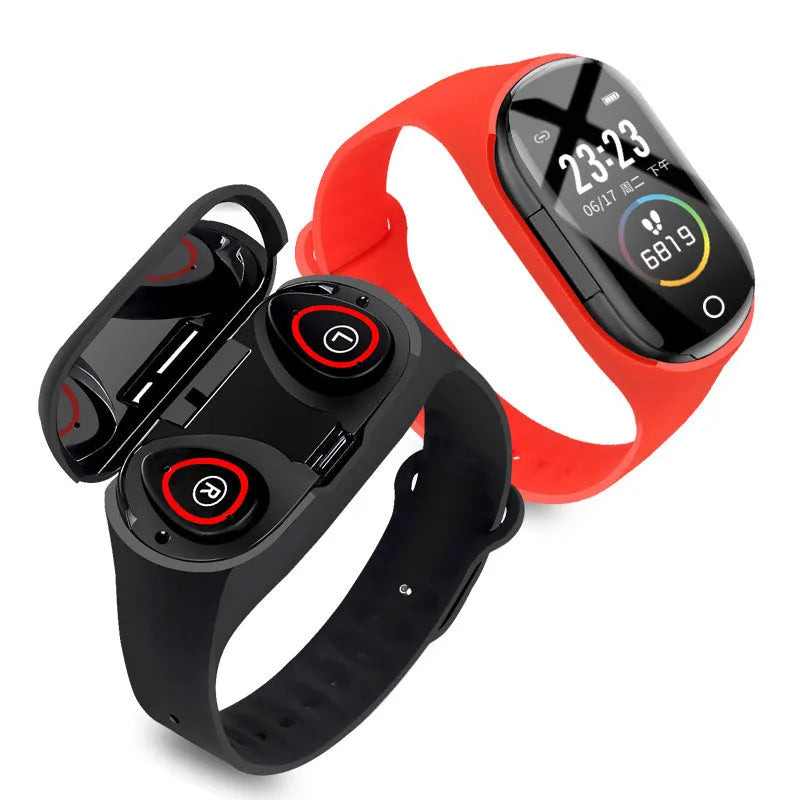 Black smart bracelet and earphone combo wearable with a 1-inch touchscreen on a silicone wristband.