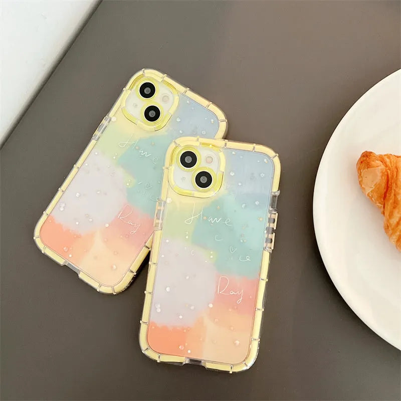 Minimalist silicone phone case for iPhone 14 with a contrasting yellow edge on a white background.