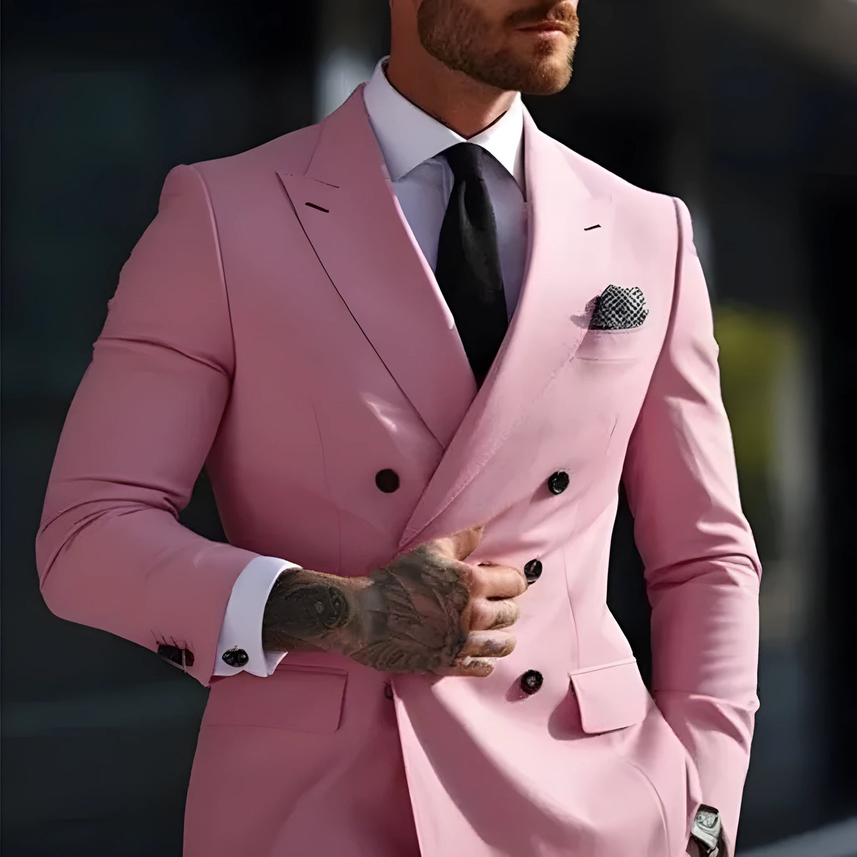 Men's grey Korean-style slim fit two-piece suit with jacket and trousers.