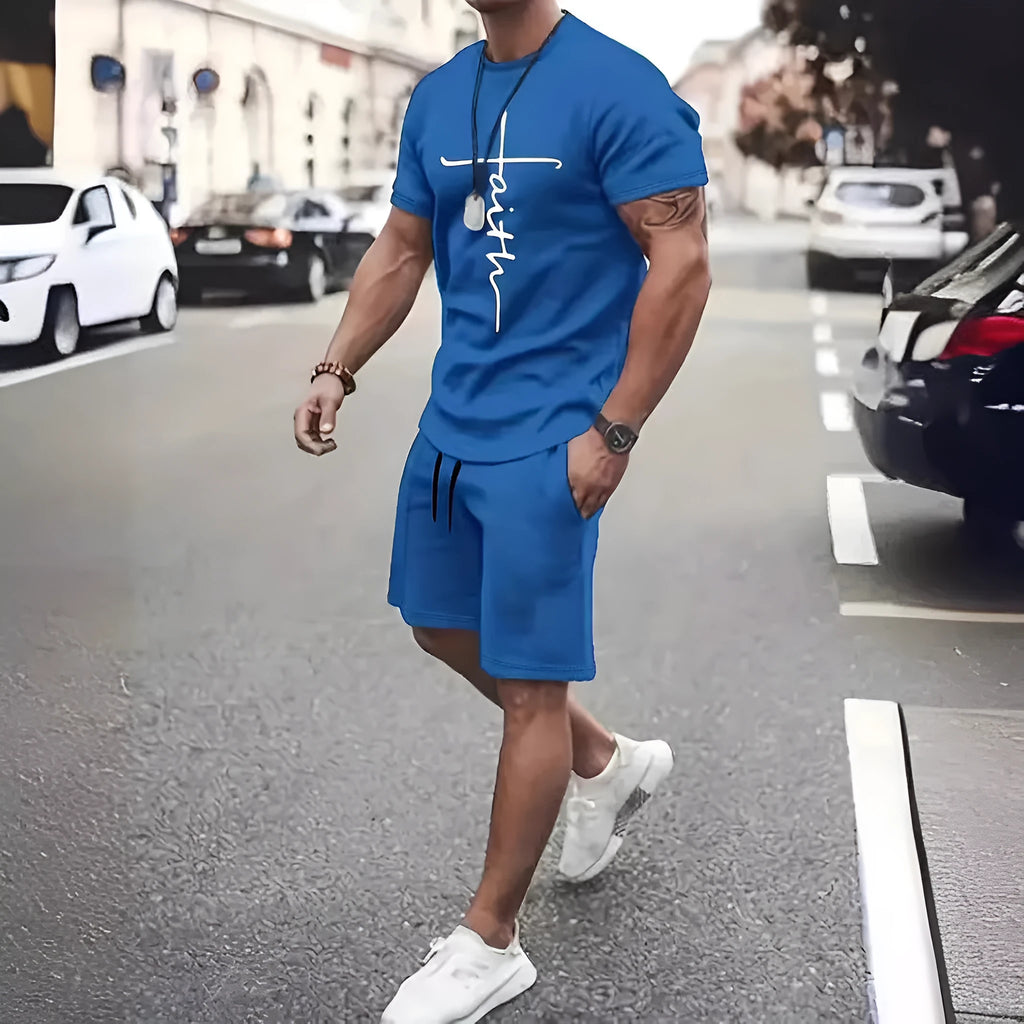 Two-piece casual sports suit with short-sleeved round neck top and shorts in polyester, 3D digital print, five colours.