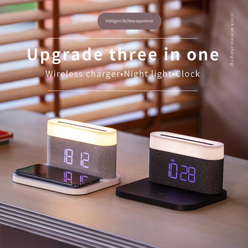 Black and white wireless charging desktop clock with integrated night light and digital display