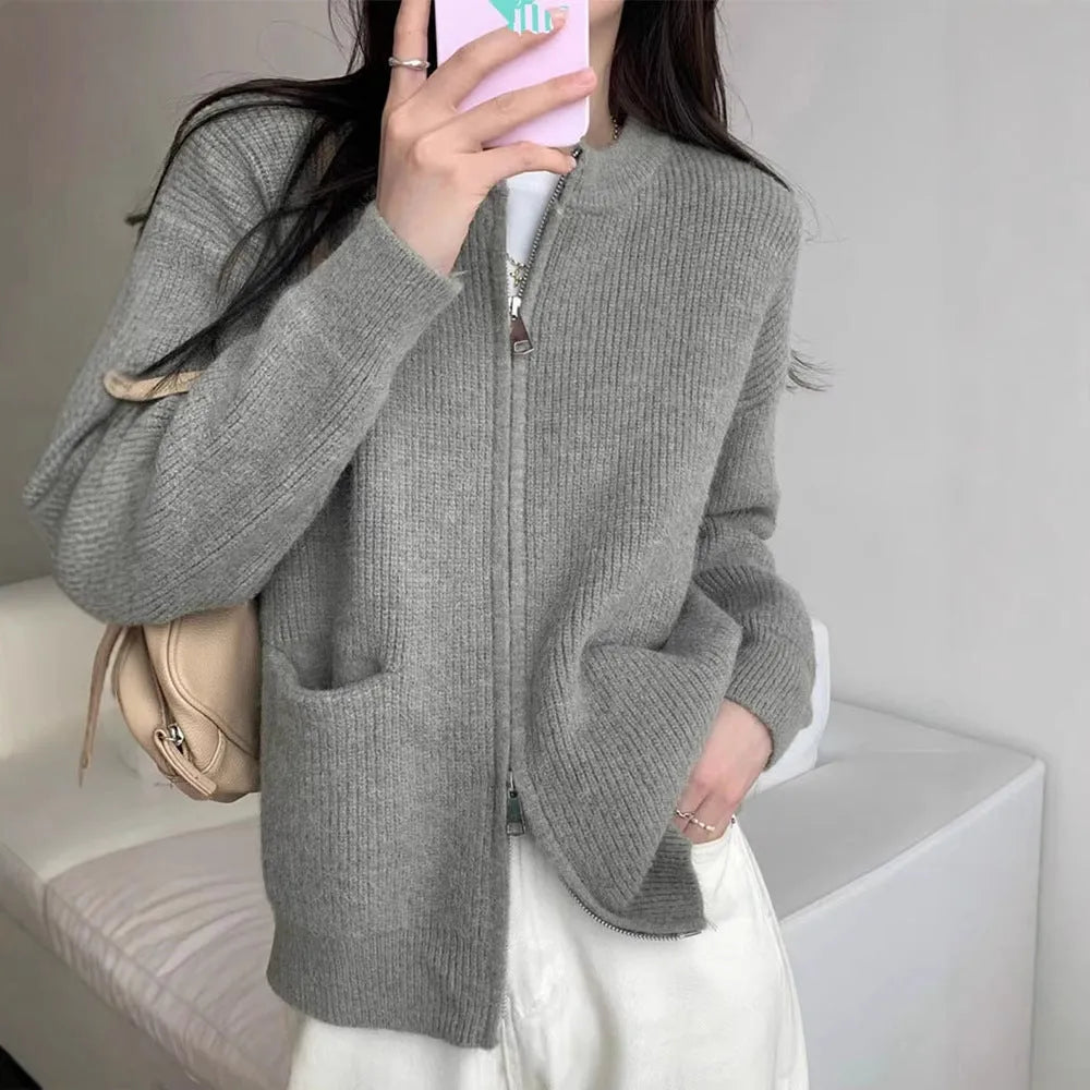 Beige temperature-sensitive viscose fibre long sleeve cardigan coat shown open