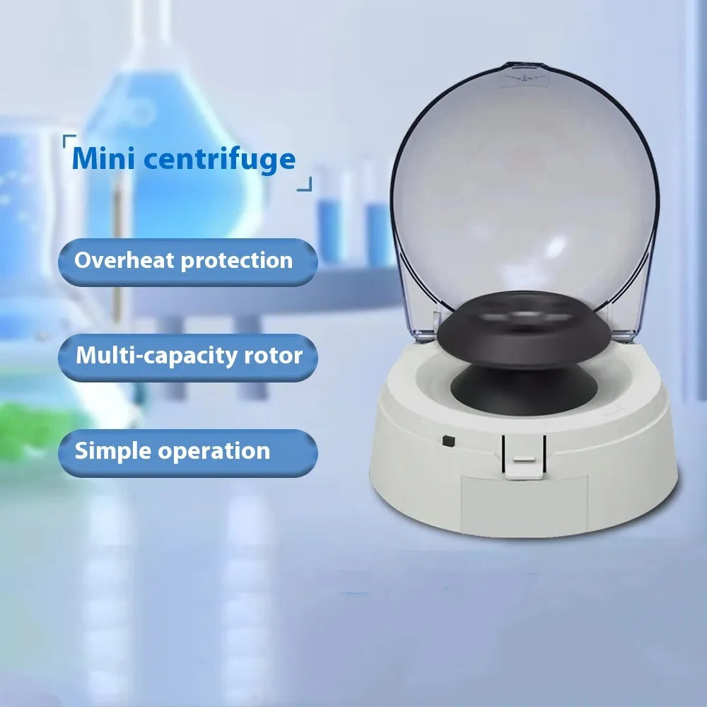 Mini laboratory centrifuge measuring 157mm with 7000 RPM speed for sample separation