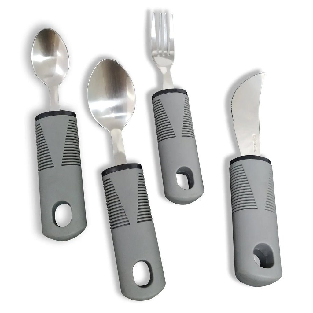 Stainless steel anti-shake tableware set with rubber handle for elderly food aid