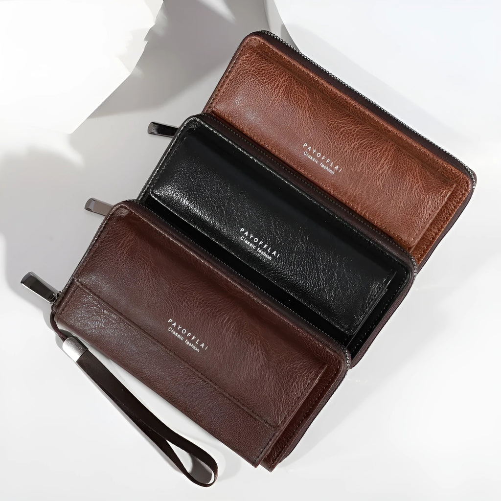 Men's brown PU bifold wallet with multiple card slots showing 19 cm length