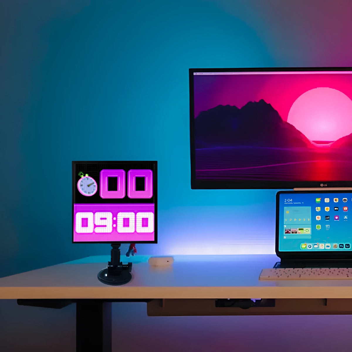 Square LED car display screen with aluminium frame showing 32x32 pixel RGB matrix and Bluetooth connectivity