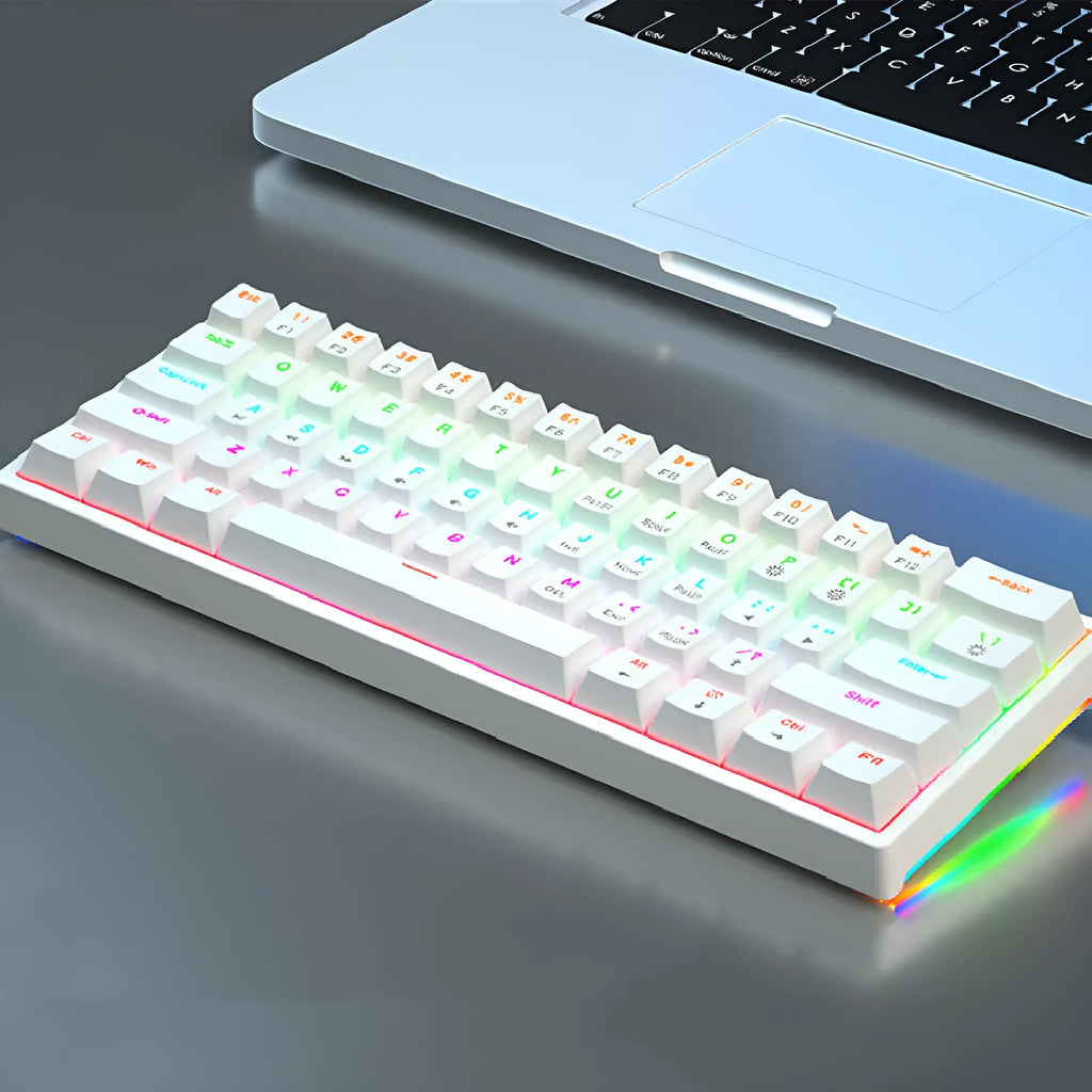 61 key compact mechanical keyboard with multiple colour options including blue-white and dark blue-white orange variants