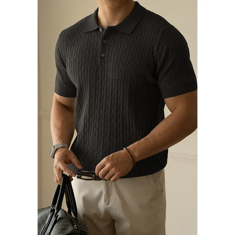 Men's khaki short sleeve business casual top laid flat, showing collar and sleeve detail.