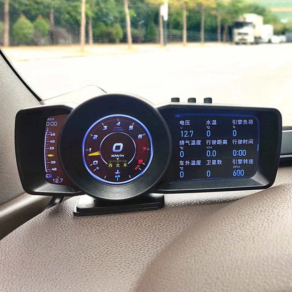 A600 car monitor with OBDII connection cable and dashboard mounting accessories