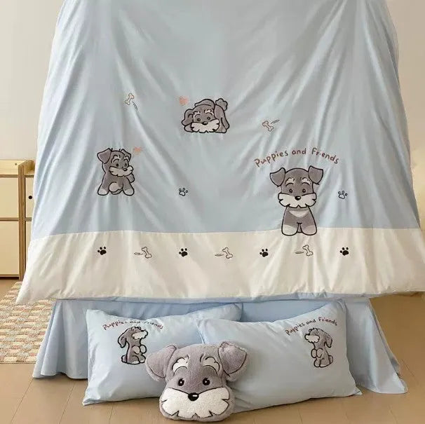 Schnauzer cartoon pattern bedding set with embroidery on duvet cover, sheet and pillowcases