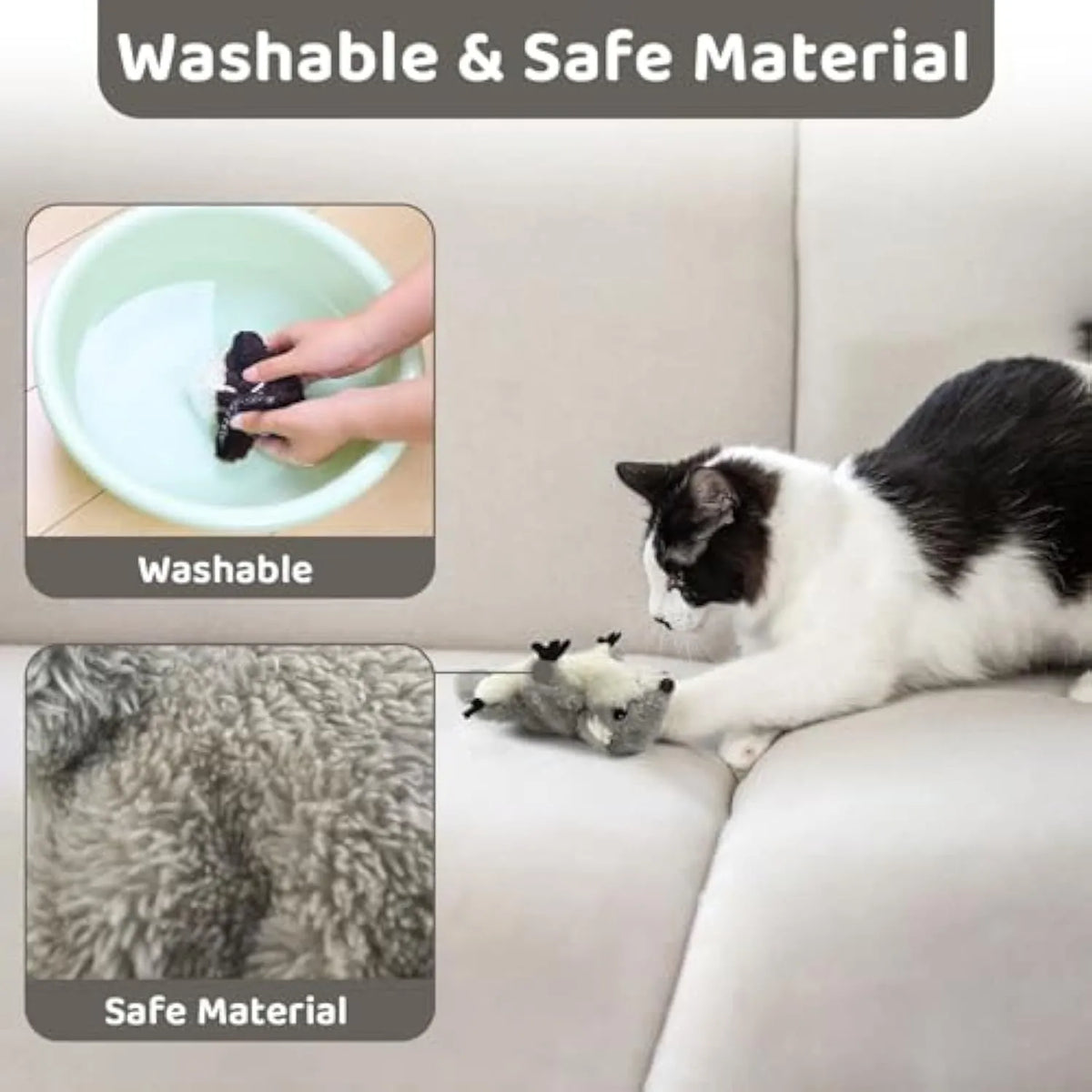 Grey flapping squirrel cat toy with waving wings on a floor