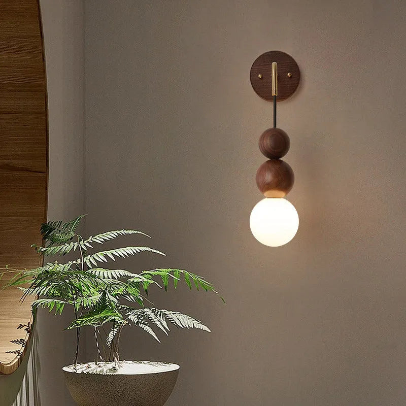 Wood and copper hanging wall lamp with circular 10cm diameter design and tricolour lighting