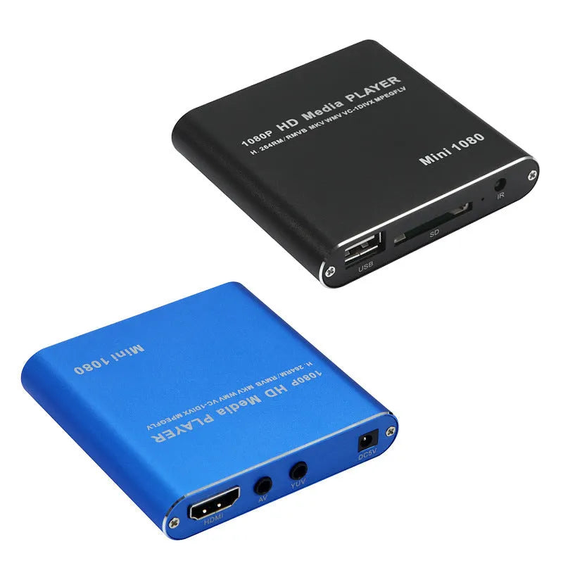 Compact blue metal 1080P Full HD media player with HDMI for USB and SD cards