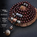 Rosewood 108 bead mala bracelet with options for 6mm or 8mm beads and various central gemstone accents.