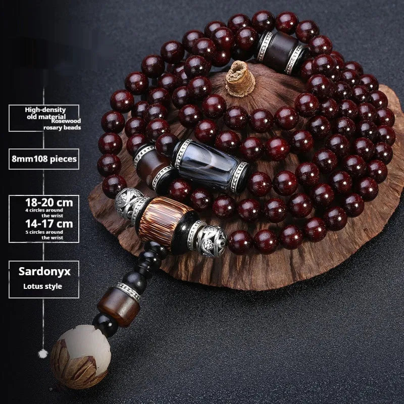 Rosewood 108 bead mala bracelet with options for 6mm or 8mm beads and various central gemstone accents.