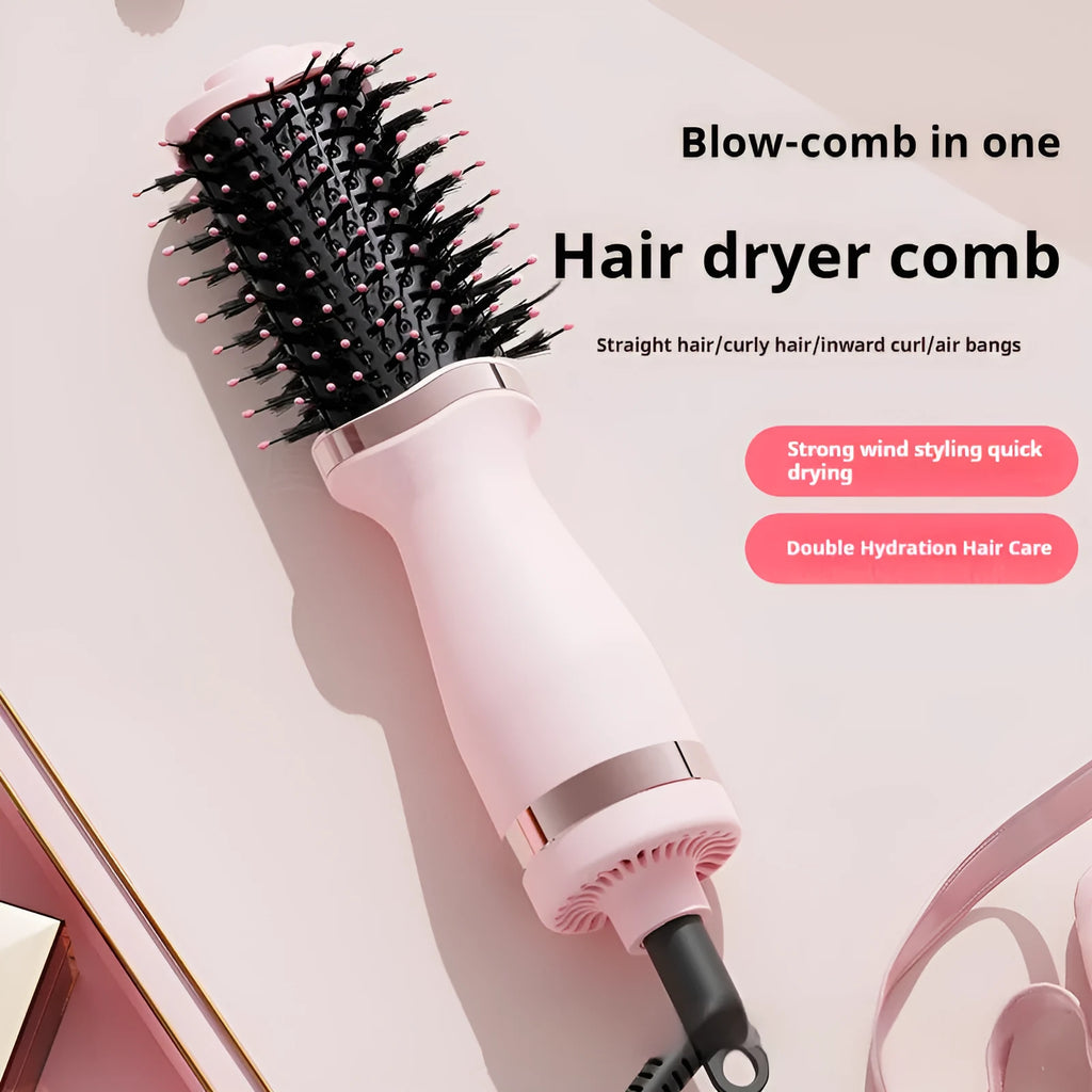 Pink multifunctional hair dryer with built-in comb and curling attachments for versatile styling