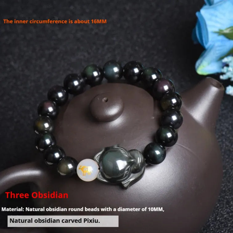 Natural obsidian bracelet with 10mm beads in national style, showing gold obsidian, silver stone, and obsidian options.