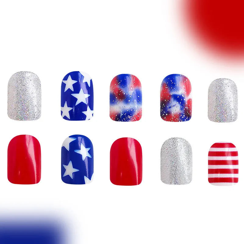 American Independence Day false nail set with 5-point star designs in European square short nail format